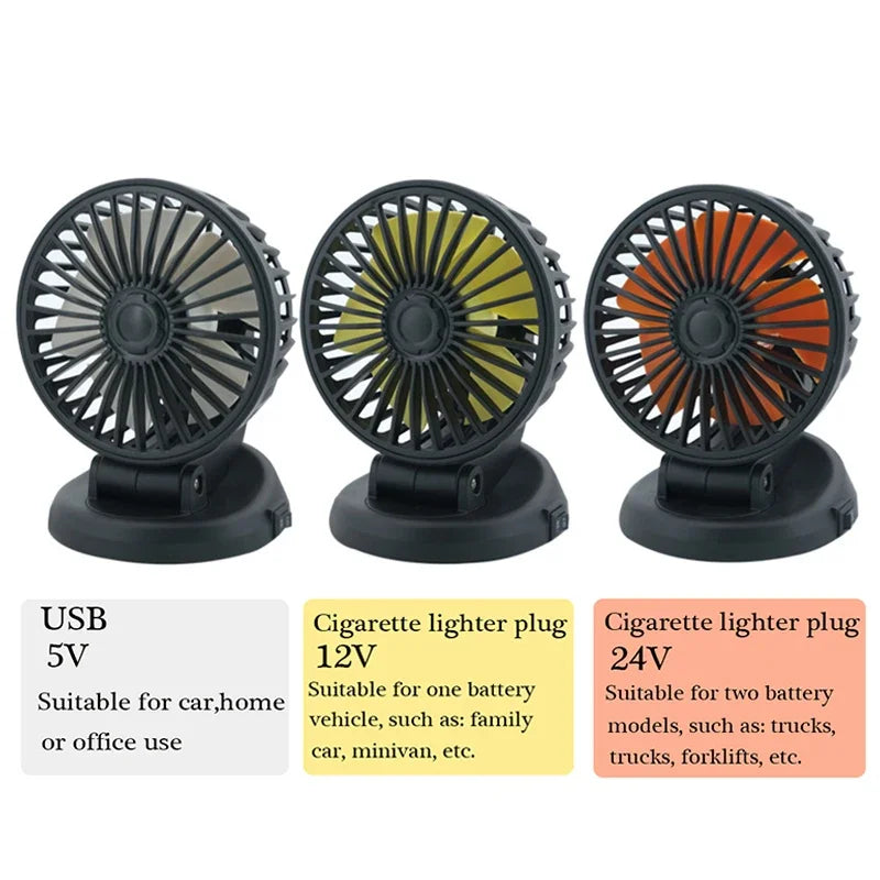 12V/24V/5V Compact & Rotating Car Fan with USB or Cigarette Lighter Plug - For Cars, Trucks, SUVs, RVs & Office