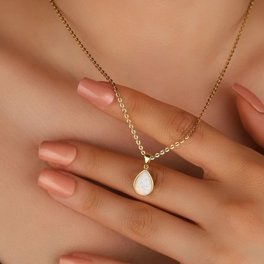 18K Natural Opal Teardrop Pendant Necklace