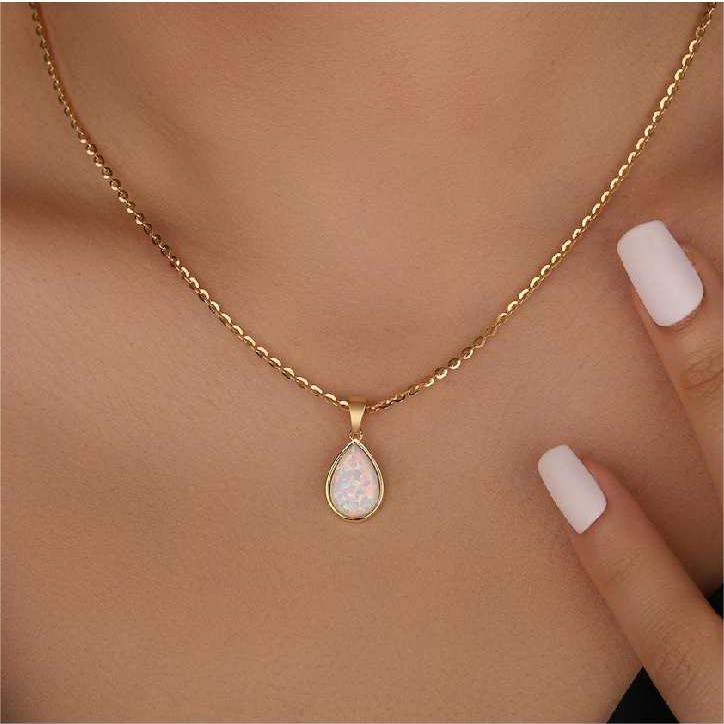 18K Natural Opal Teardrop Pendant Necklace
