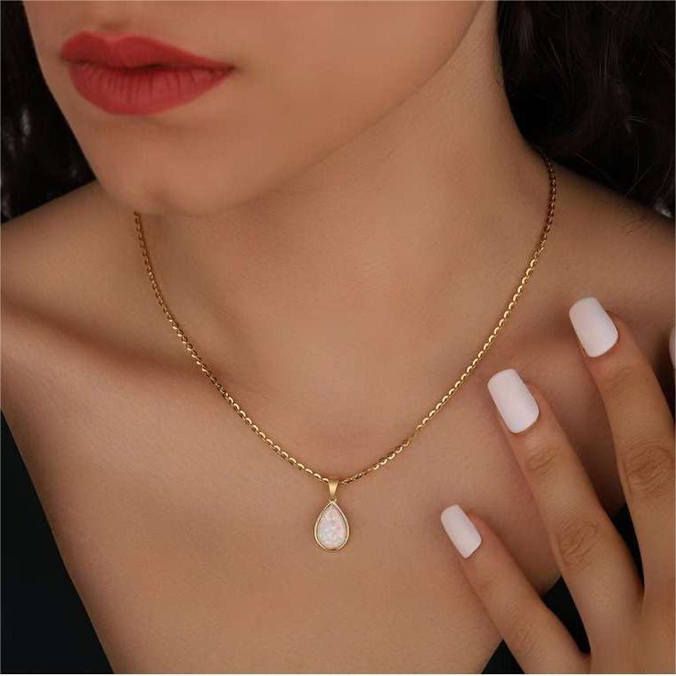 18K Natural Opal Teardrop Pendant Necklace