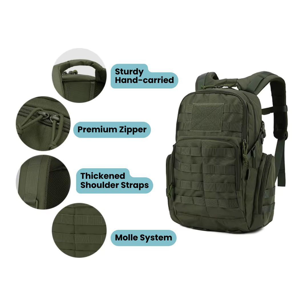 25L Tactical Backpack - Water-Resistant 600D - MOLLE & Hydration Bladder Compartment - Green, Black & Khaki