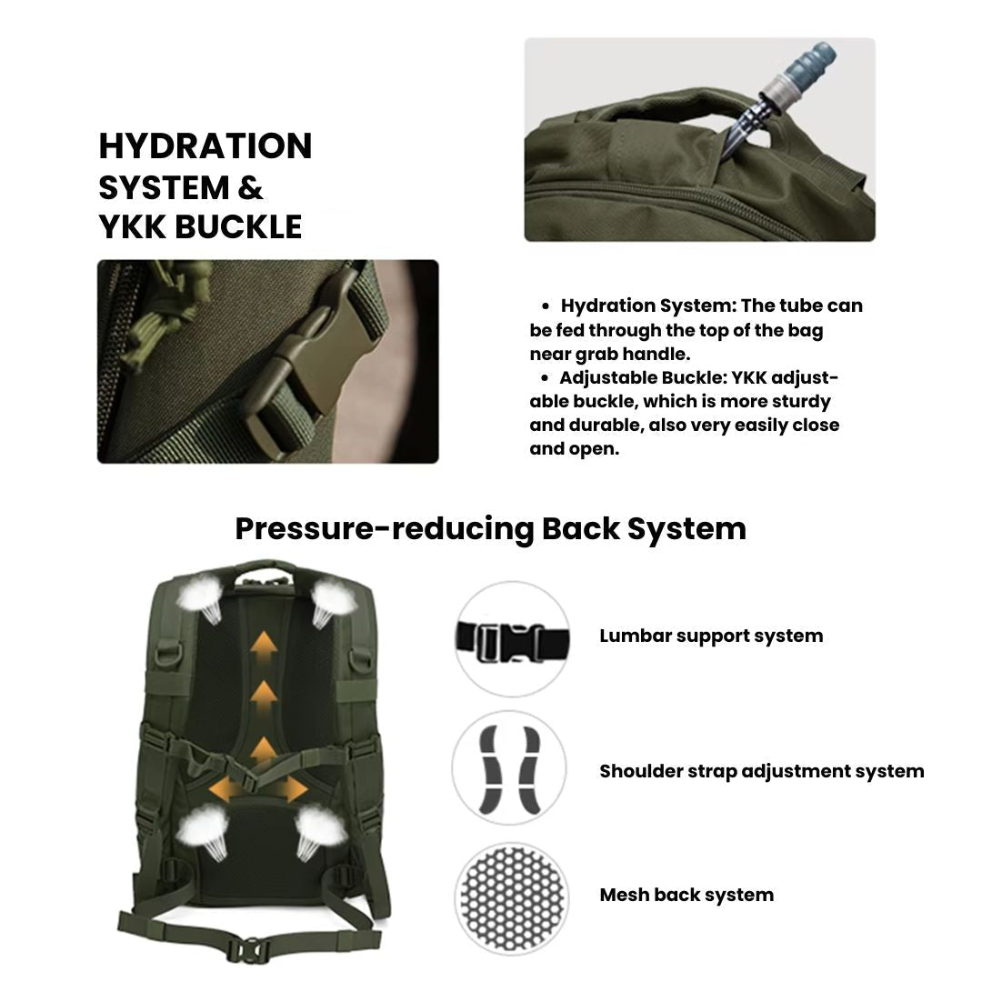 25L Tactical Backpack - Water-Resistant 600D - MOLLE & Hydration Bladder Compartment - Green, Black & Khaki