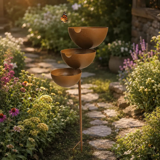 3-Tier Cascading Bird Bath Garden Stake with Rain-Catching Bowls