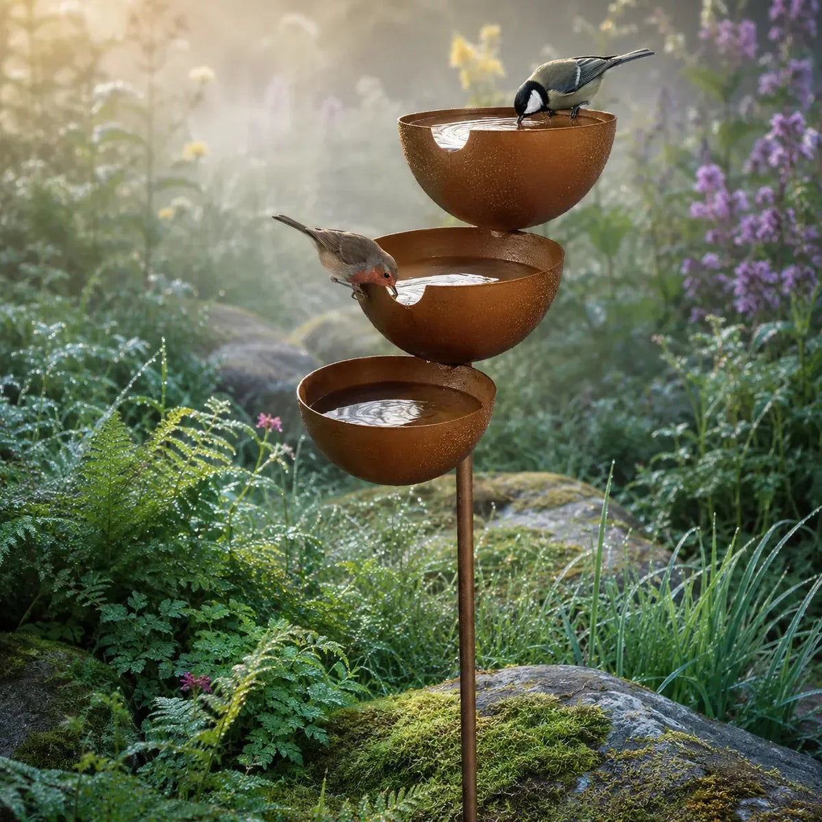 3-Tier Cascading Bird Bath Garden Stake with Rain-Catching Bowls