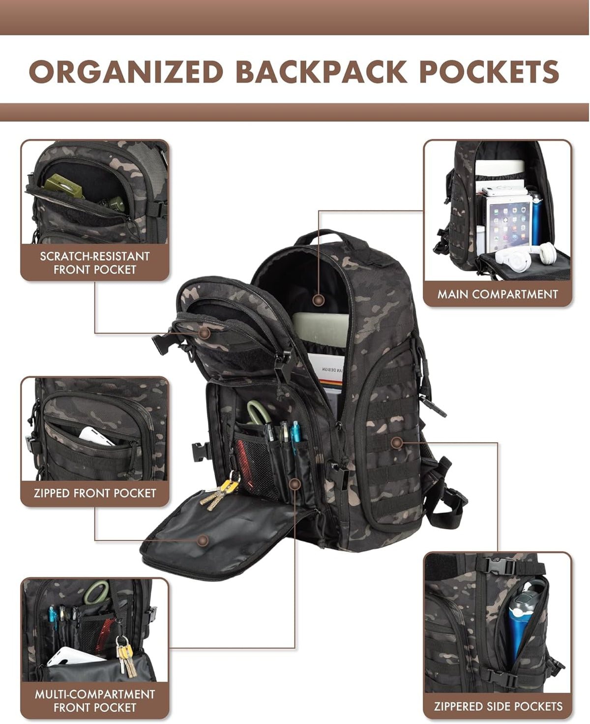 35L Outdoor Tactical Backpack with MOLLE System and Laptop Compartment