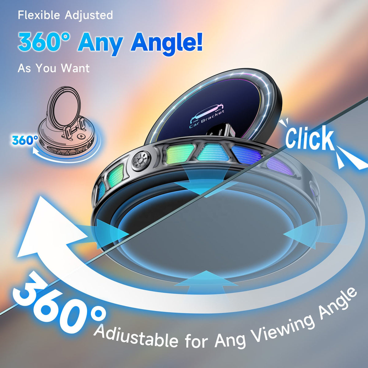 360° Rotating RGB Phone Mount Holder and Charger Car Accessory