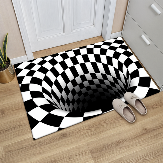 3D Optical Illusion Doormat with Geometric Checkerboard Pattern for Hallway