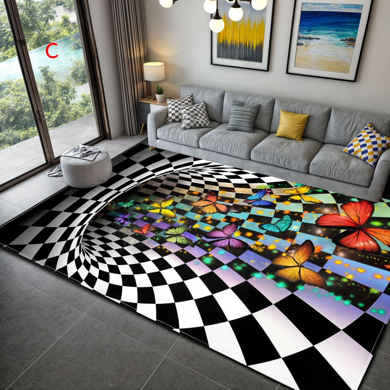 3D Optical Illusion Doormat with Geometric Checkerboard Pattern for Hallway