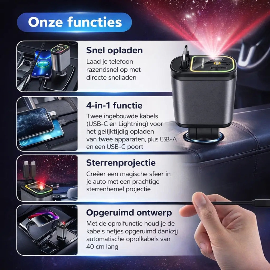4-In-1 Fast Car Charger with RGB Starry Sky Light