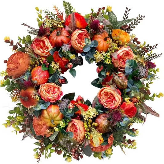 40 Cm Autumn Door Wreath with Peony Flowers and Pumpkins