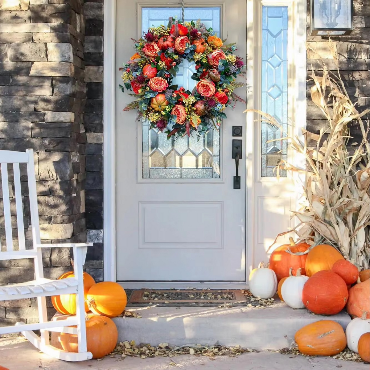 40 Cm Autumn Door Wreath with Peony Flowers and Pumpkins