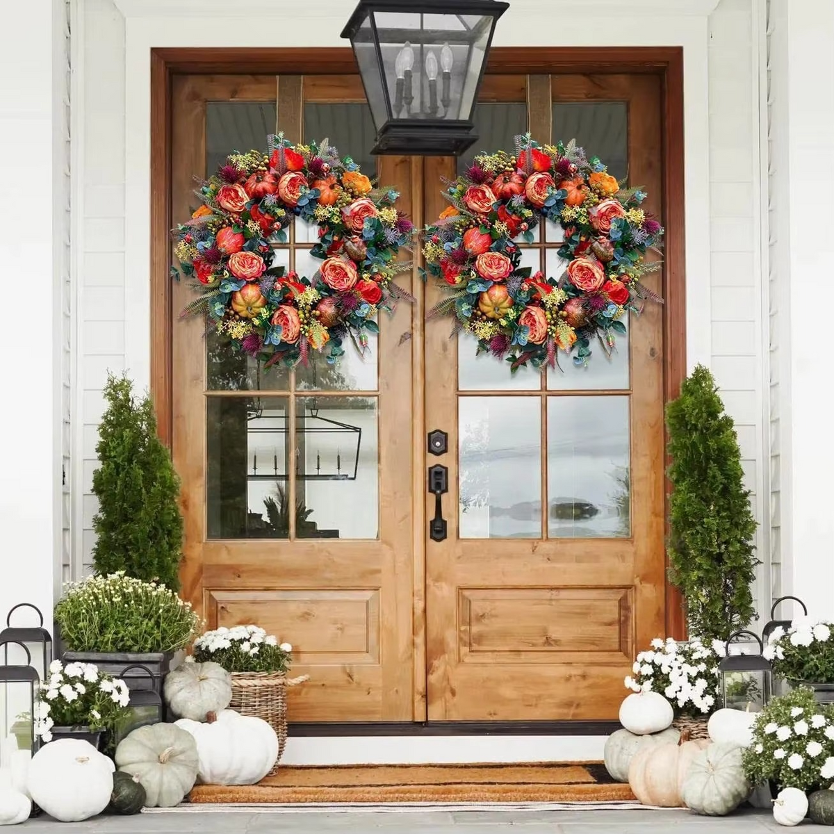 40 Cm Autumn Door Wreath with Peony Flowers and Pumpkins