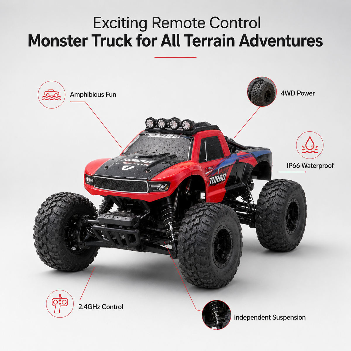 4WD Amphibious RC Monster Truck with 2.4GHz Remote Control All-Terrain