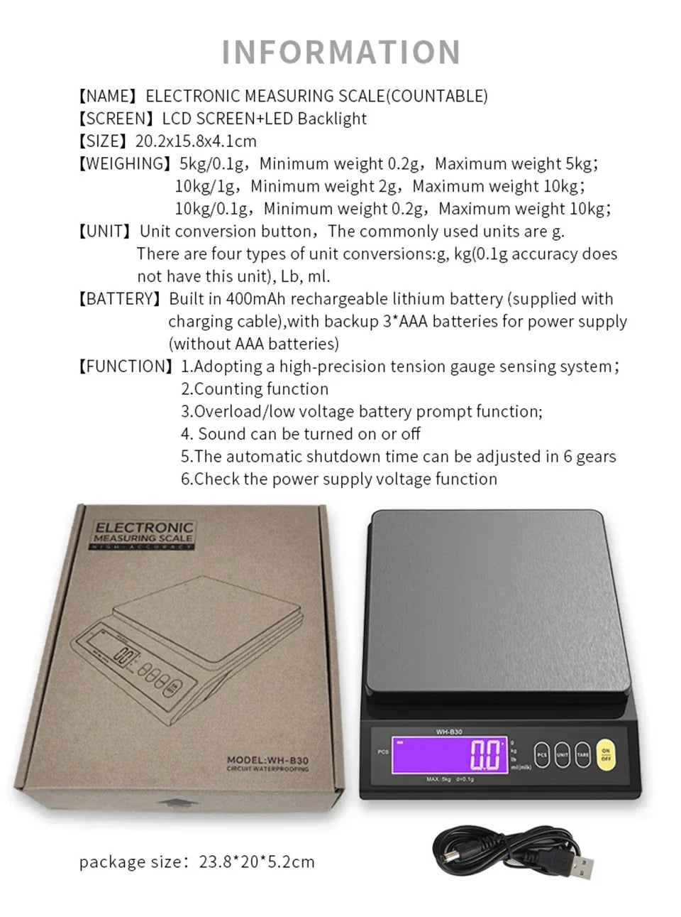 5 Kg/0.1 g and 10 kg/1 g Digital Electronic Kitchen Scale with LCD Display, Fully Waterproof Stainless Steel Baking Scale