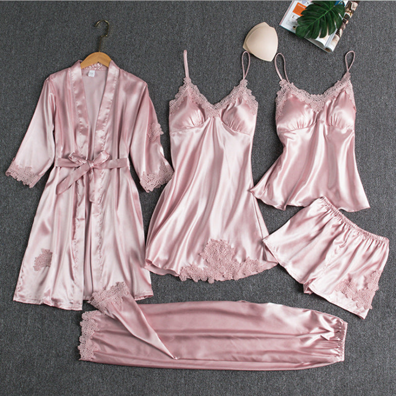 5-Piece Women's Satin Nightwear Set with Robe and Shorts