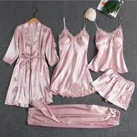 5-Piece Women's Satin Nightwear Set with Robe and Shorts