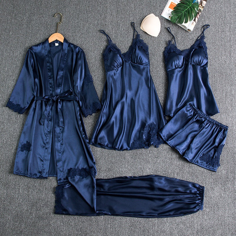 5-Piece Women's Satin Nightwear Set with Robe and Shorts