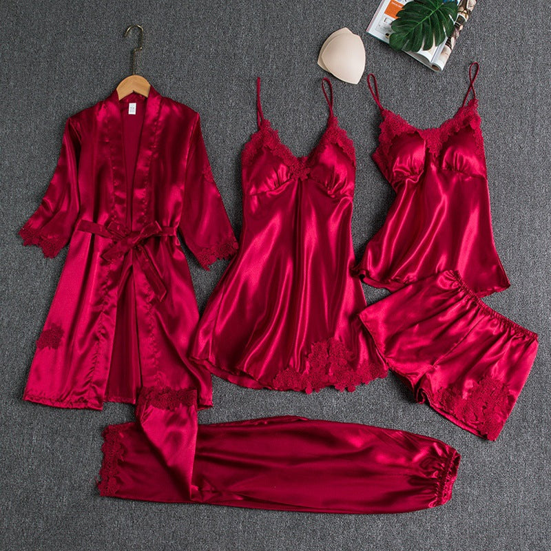 5-Piece Women's Satin Nightwear Set with Robe and Shorts