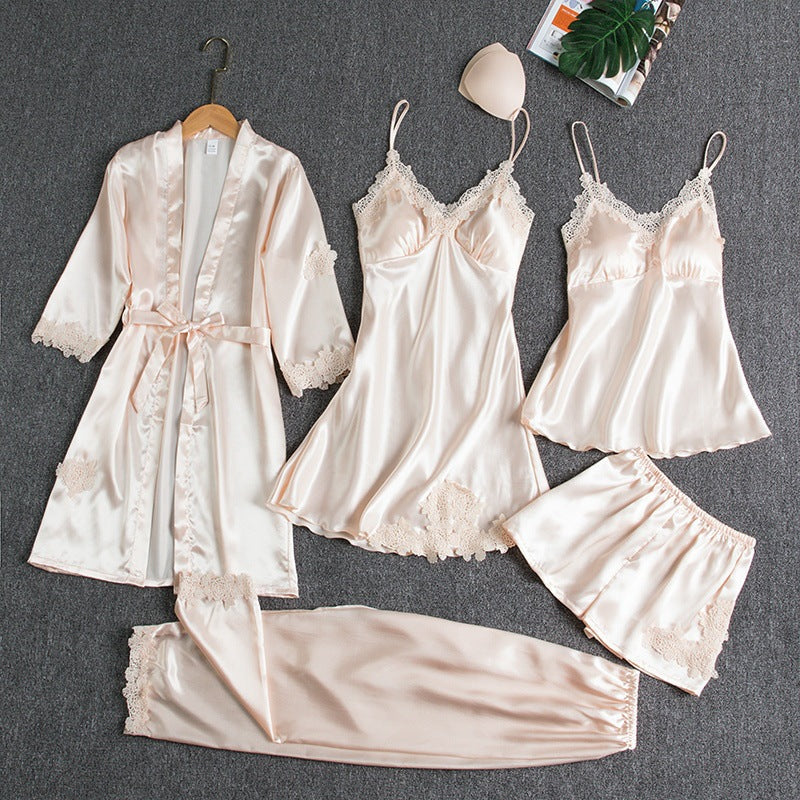 5-Piece Women's Satin Nightwear Set with Robe and Shorts