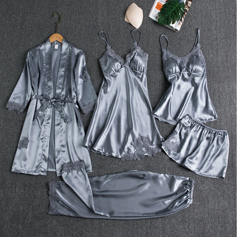 5-Piece Women's Satin Nightwear Set with Robe and Shorts