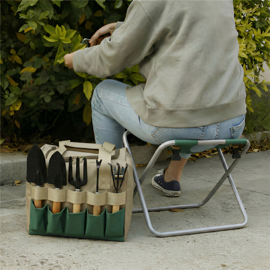6-Piece Garden Tool Set with Folding Stool and Tote Bag