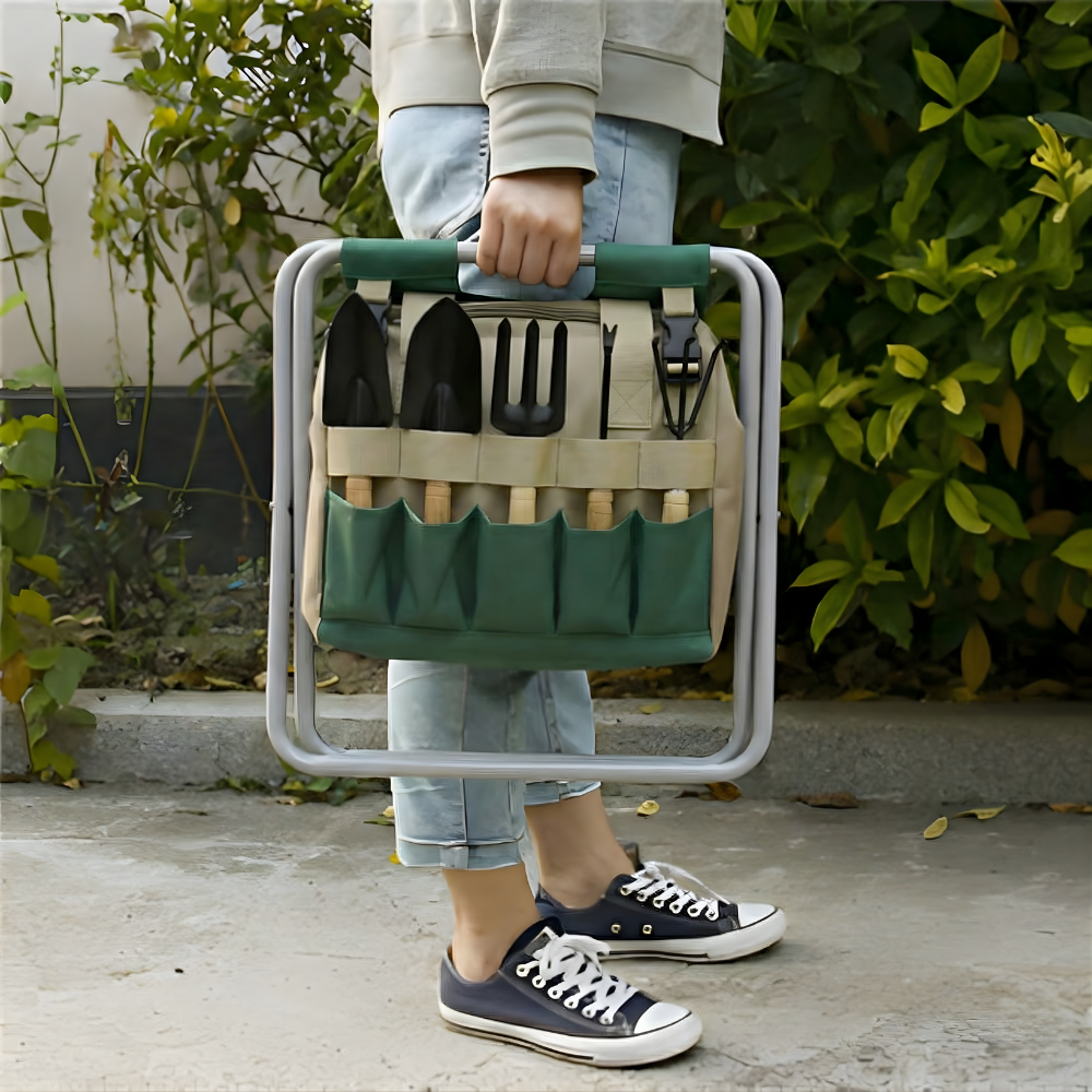 6-Piece Garden Tool Set with Folding Stool and Tote Bag