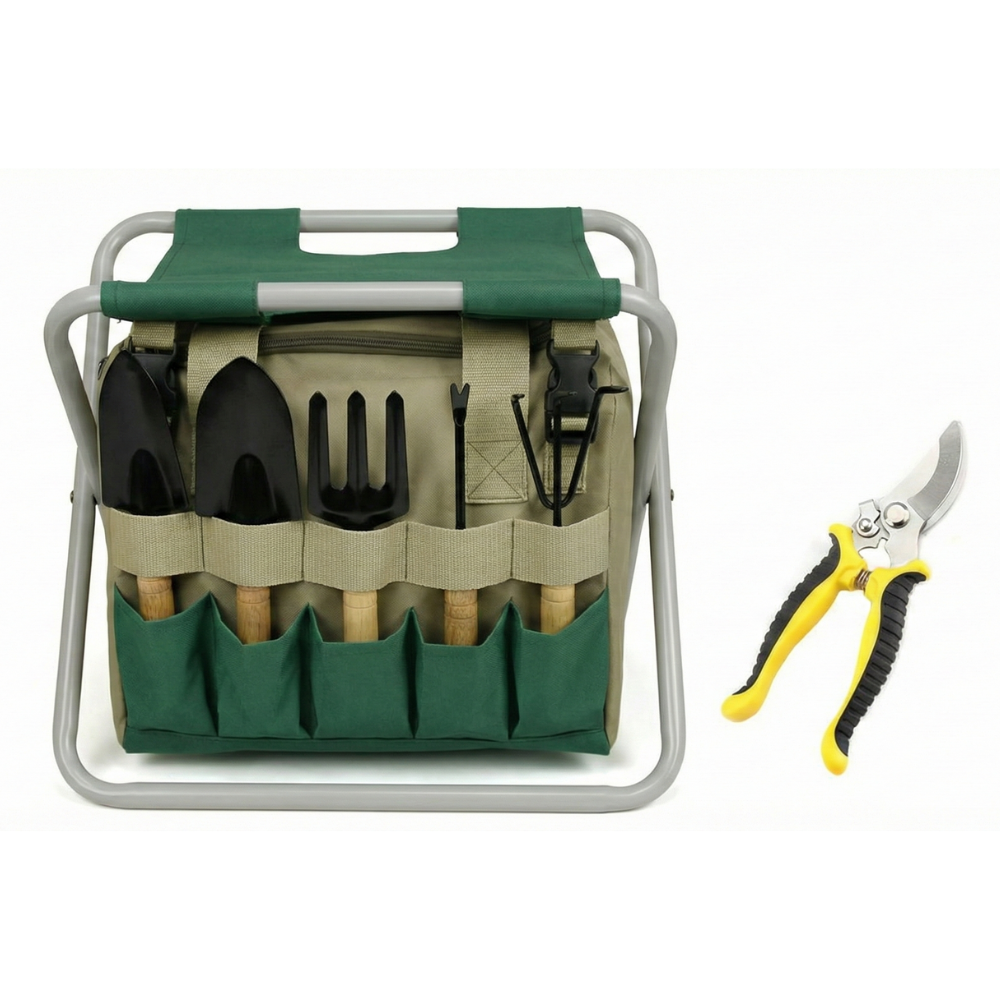 6-Piece Garden Tool Set with Folding Stool and Tote Bag