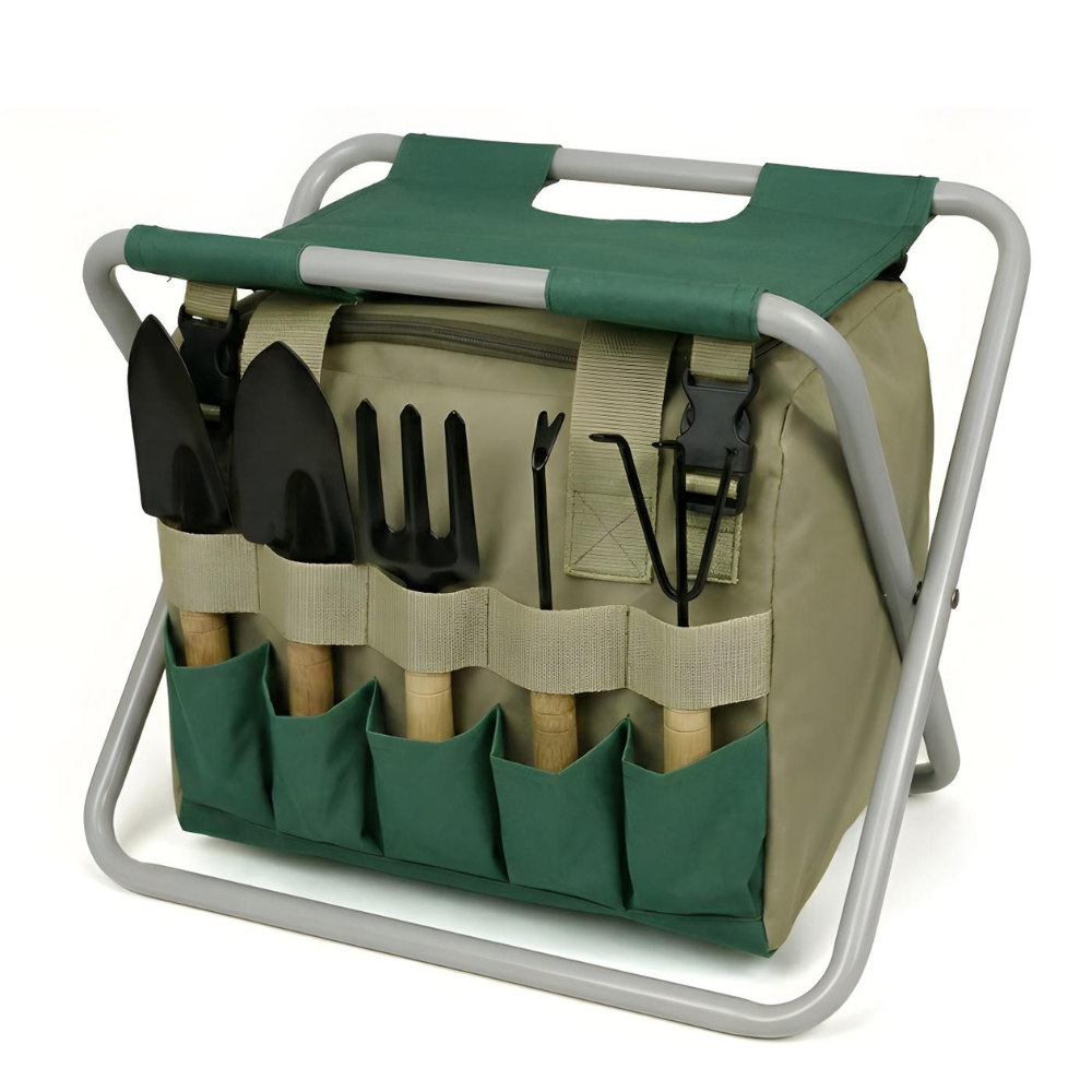 6-Piece Garden Tool Set with Folding Stool and Tote Bag
