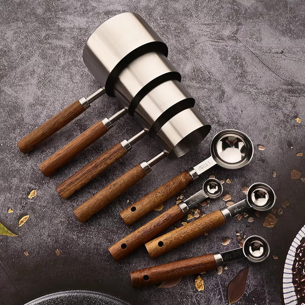 8-Piece Oak & Stainless Steel Measuring Set for Baking & Cooking