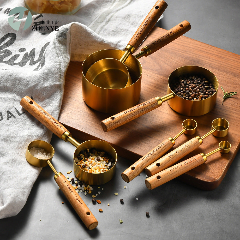 8-Piece Oak & Stainless Steel Measuring Set for Baking & Cooking
