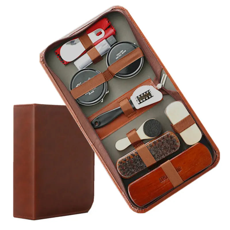 9-Piece Leather Shoe Care Kit with Horsehair Brushes
