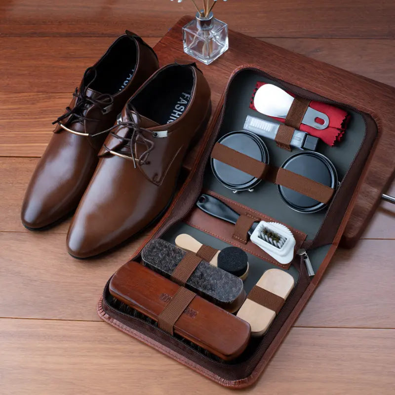 9-Piece Leather Shoe Care Kit with Horsehair Brushes