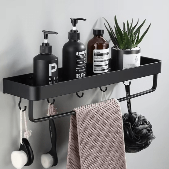 Adhesive Wall-Mounted Shower Shelf with Optional Towel Hooks, No-Drill Mount