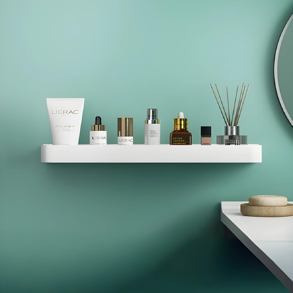 Adhesive Wall-Mounted Shower Shelf with Optional Towel Hooks, No-Drill Mount