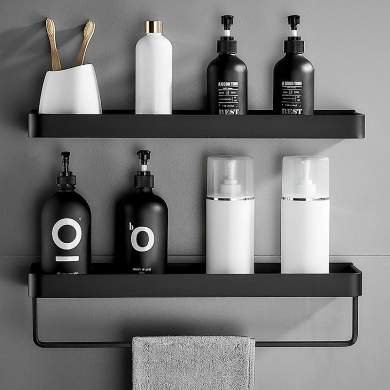 Adhesive Wall-Mounted Shower Shelf with Optional Towel Hooks, No-Drill Mount