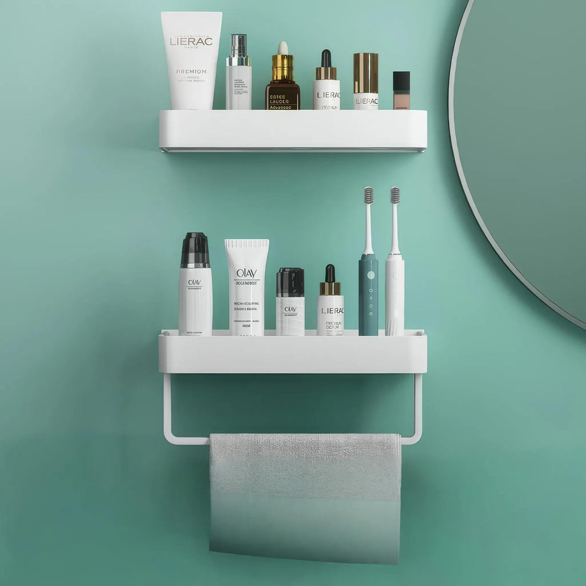 Adhesive Wall-Mounted Shower Shelf with Optional Towel Hooks, No-Drill Mount