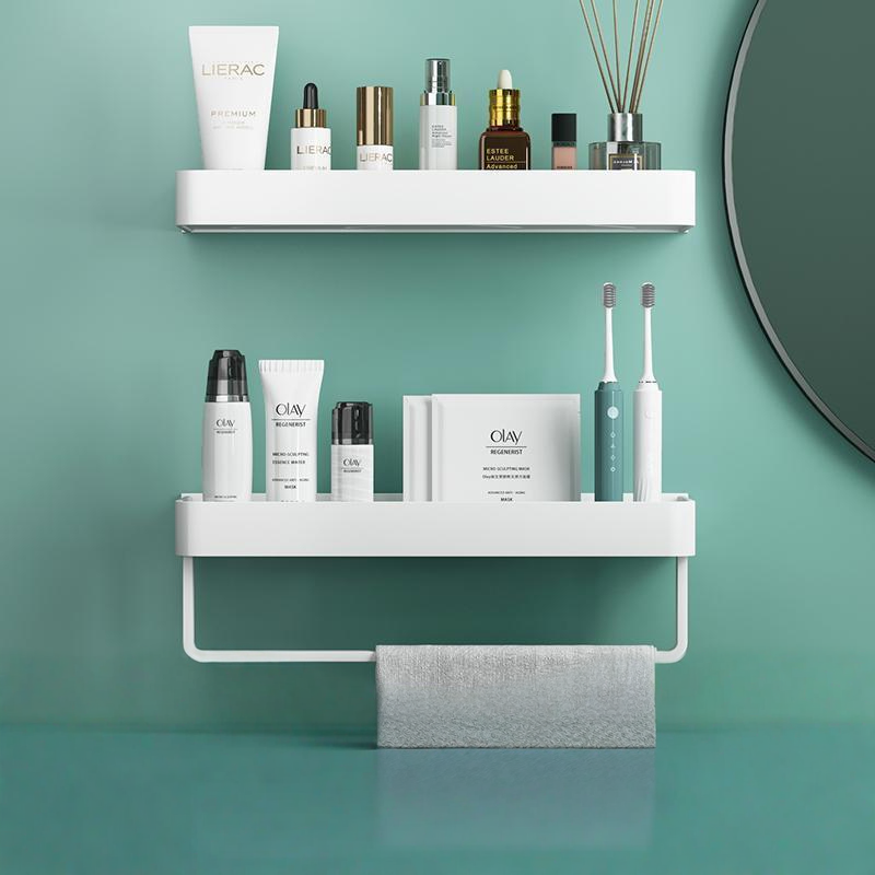 Adhesive Wall-Mounted Shower Shelf with Optional Towel Hooks, No-Drill Mount