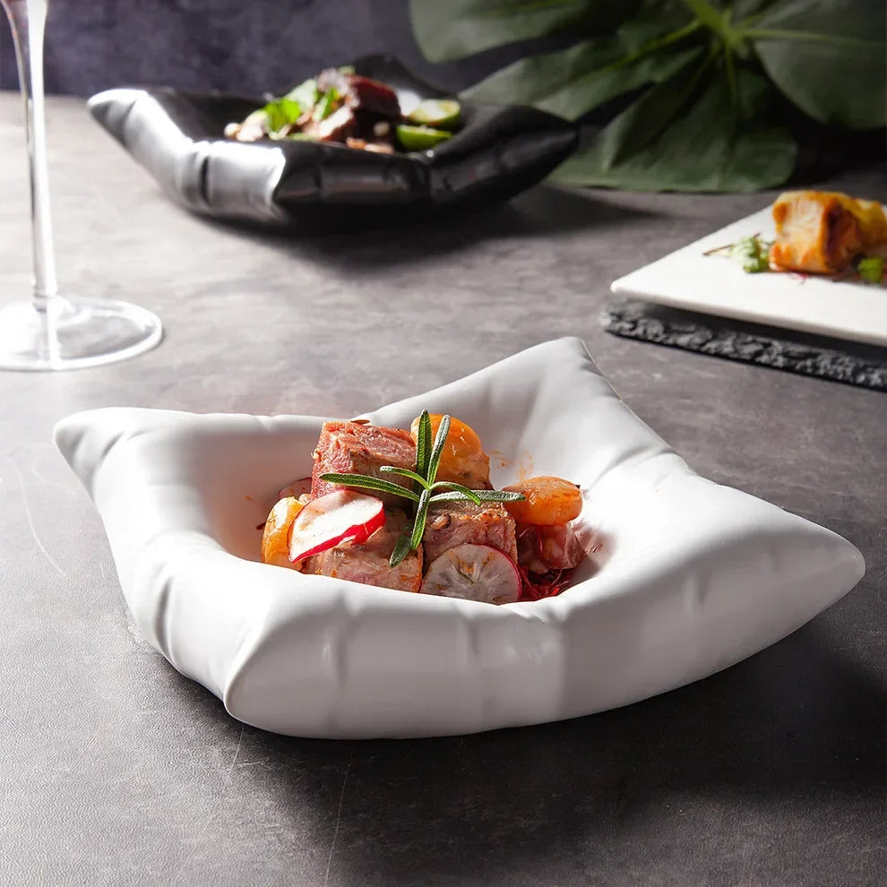 Artistic Pillow-Shaped Ceramic Food Plate