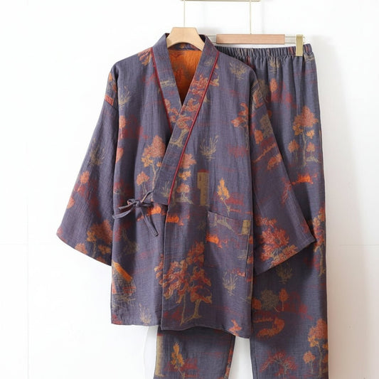 Artistic Watercolor Cotton Kimono Pajama Set