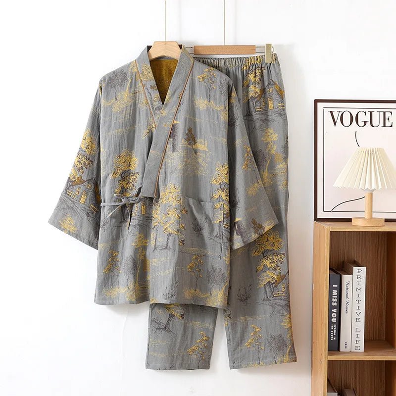 Artistic Watercolor Cotton Kimono Pajama Set