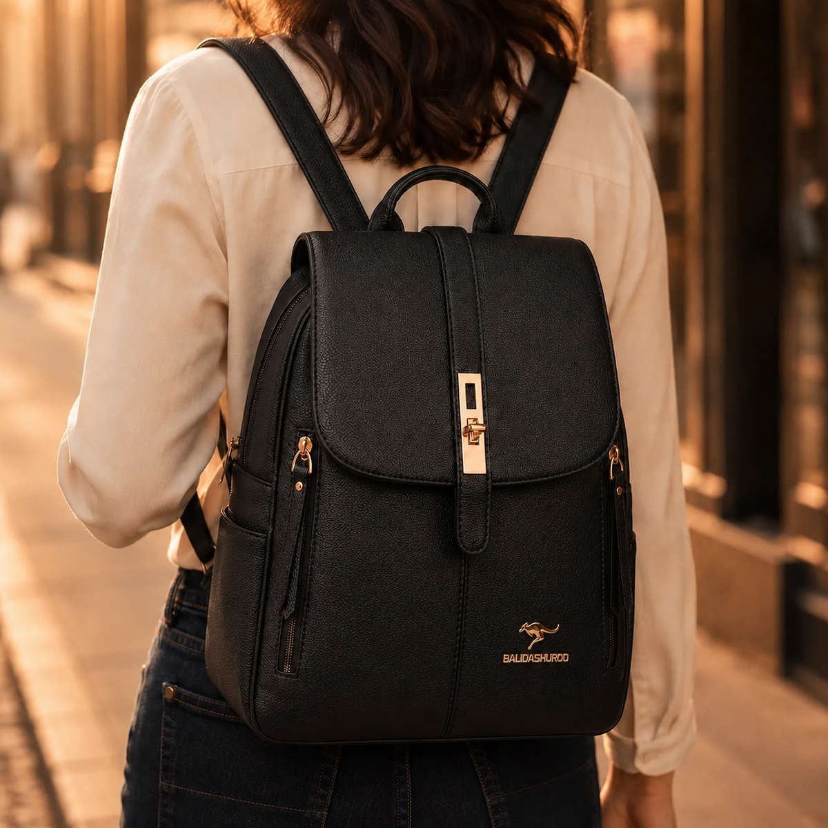 Backpack with Twist-Lock Flap and Rose-Gold Hardware