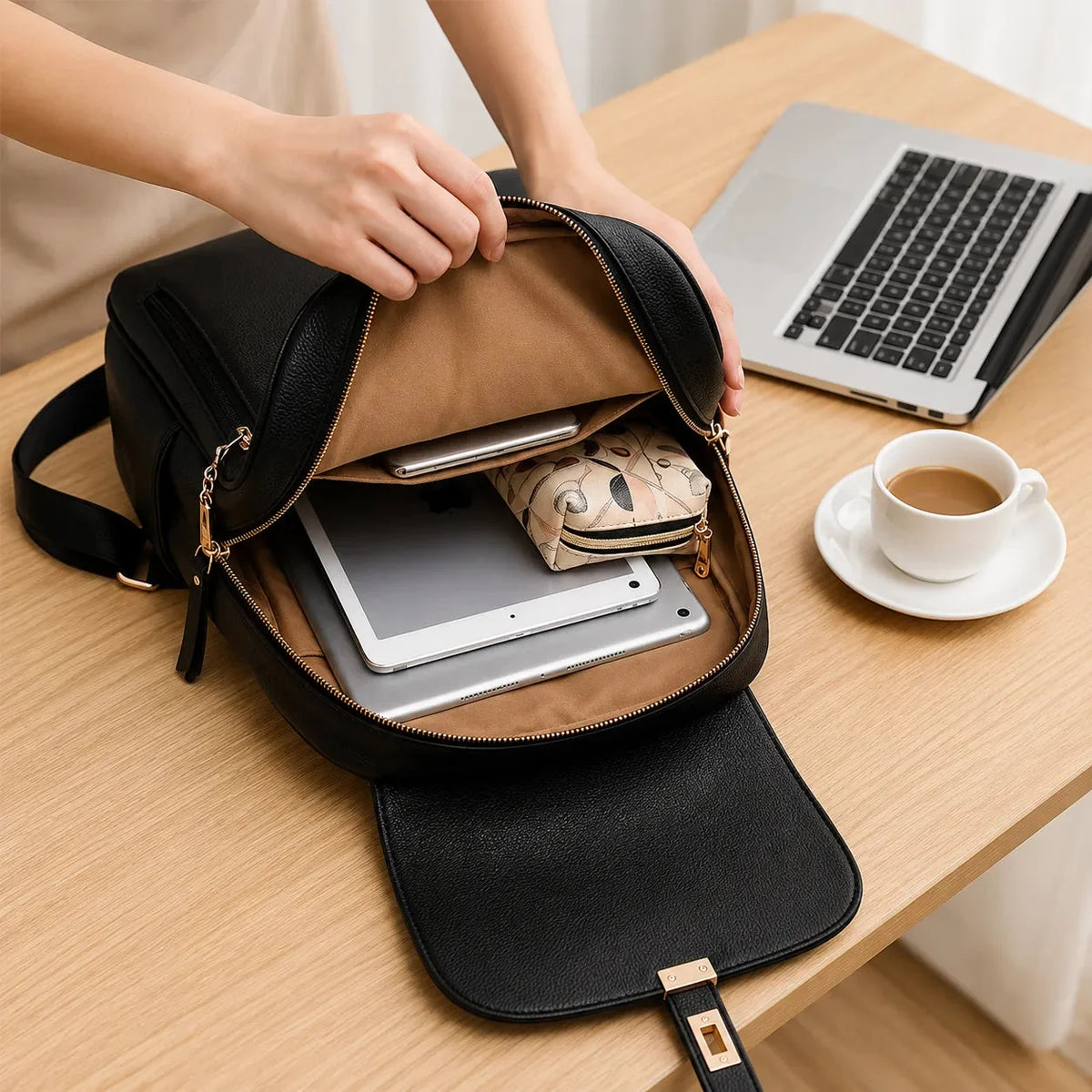 Backpack with Twist-Lock Flap and Rose-Gold Hardware