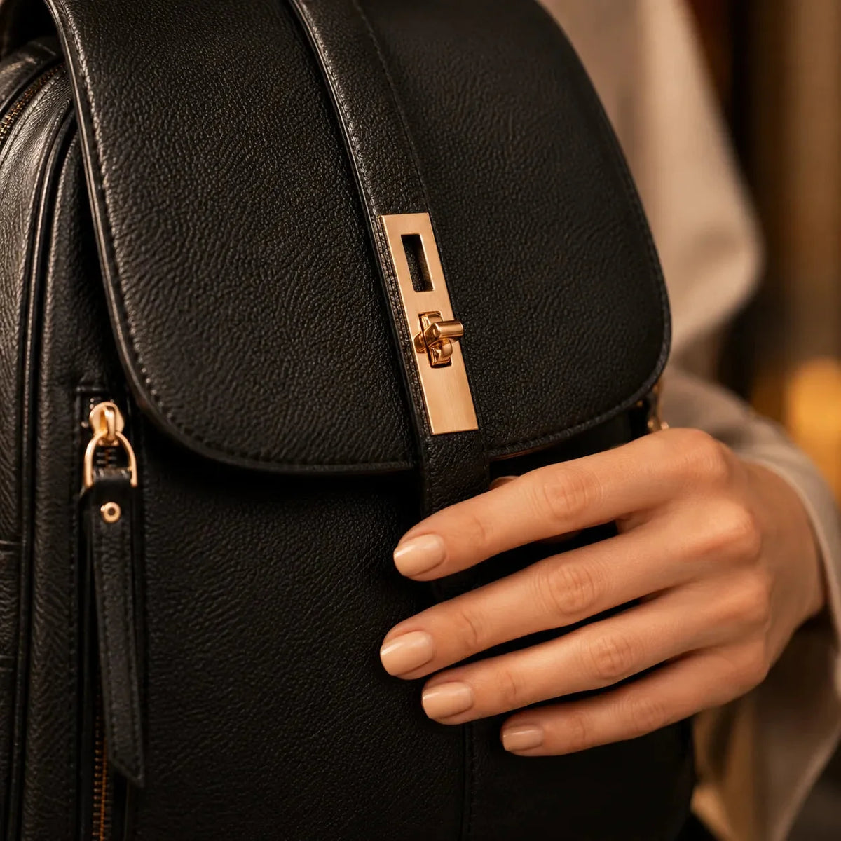 Backpack with Twist-Lock Flap and Rose-Gold Hardware