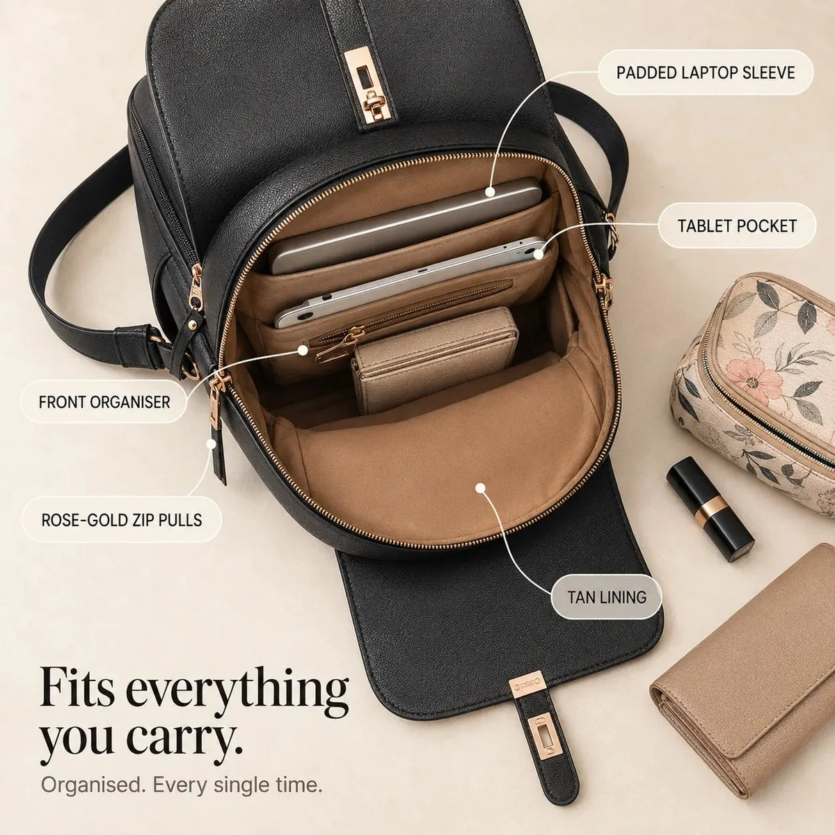 Backpack with Twist-Lock Flap and Rose-Gold Hardware