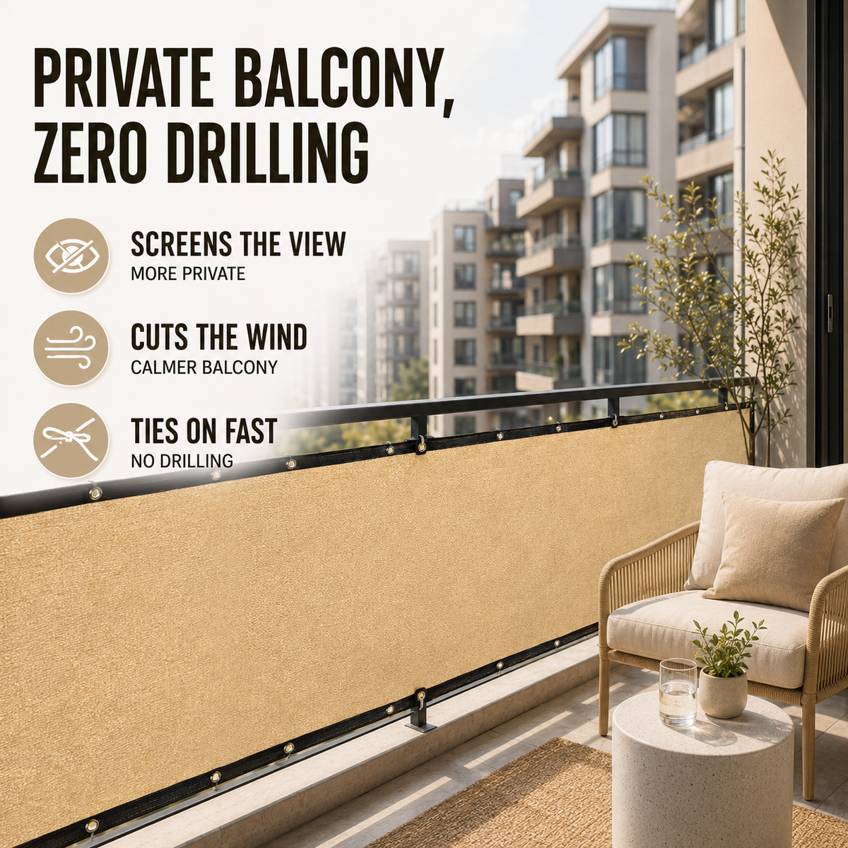 Balcony Privacy Screen - Sun Shade & Wind Panel with Eyelets