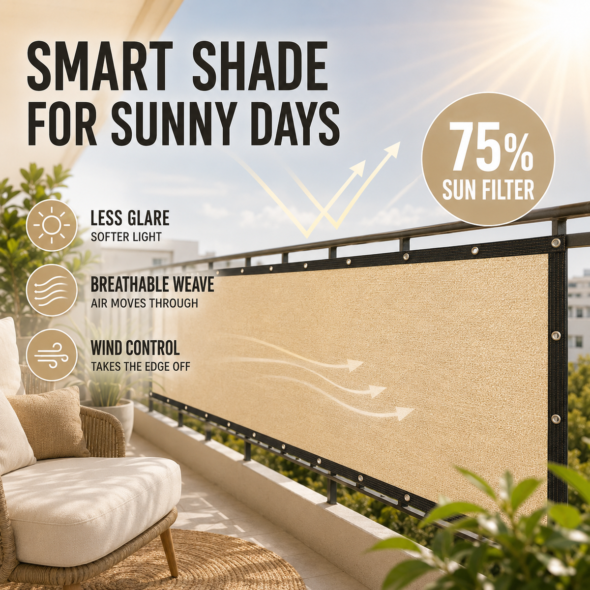 Balcony Privacy Screen - Sun Shade & Wind Panel with Eyelets