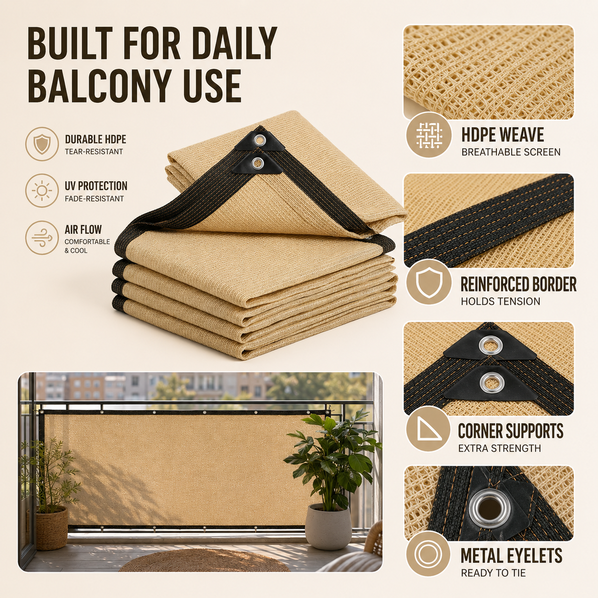 Balcony Privacy Screen - Sun Shade & Wind Panel with Eyelets