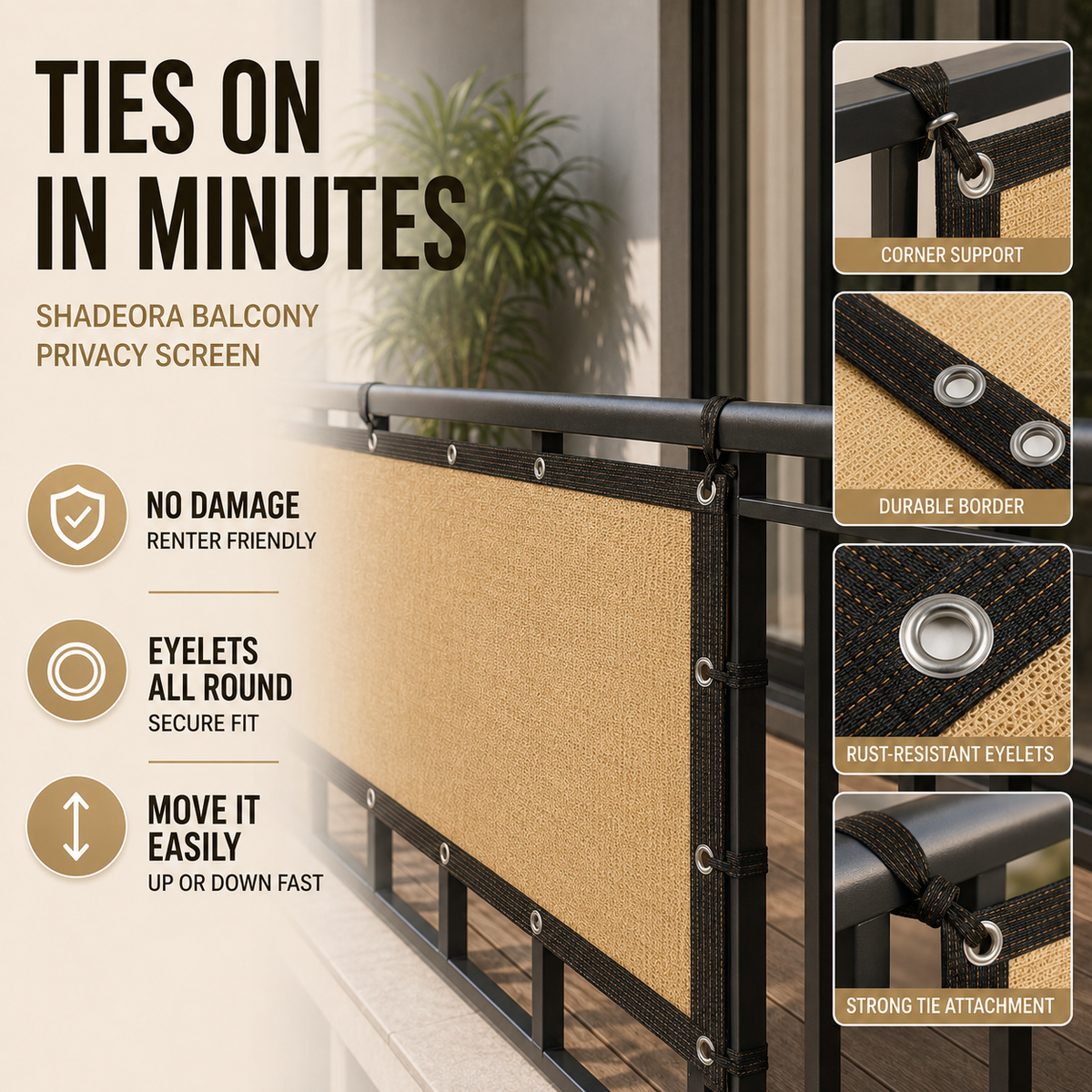Balcony Privacy Screen - Sun Shade & Wind Panel with Eyelets