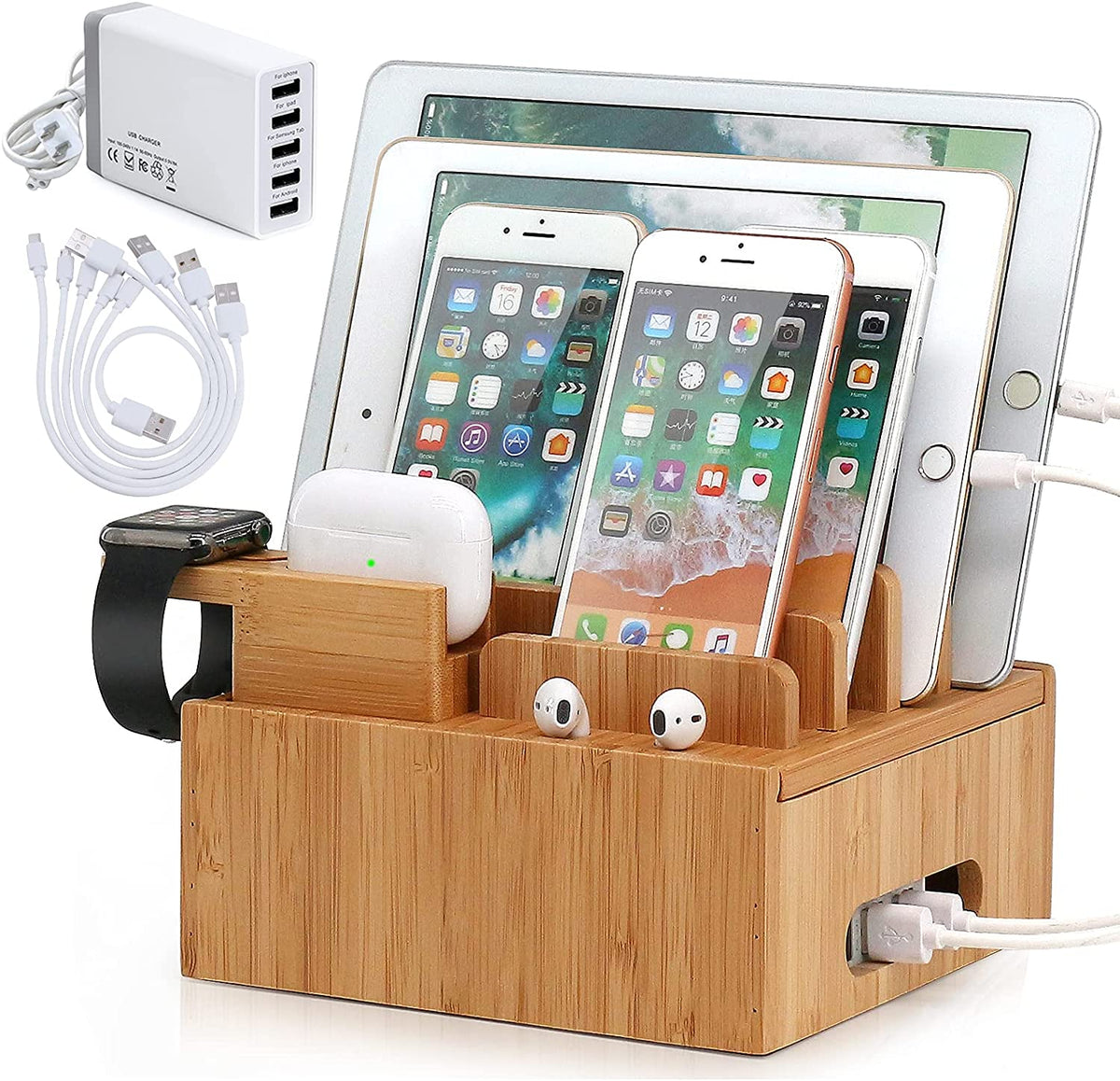 Bamboo Charging Station | 5-Port USB & Organizer | For Smartphone, Tablet & Smartwatch | Includes Cable Set
