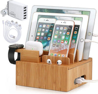 Bamboo Charging Station | 5-Port USB & Organizer | For Smartphone, Tablet & Smartwatch | Includes Cable Set
